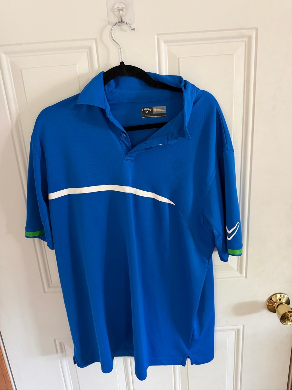 Callaway Blue Polo with White Chest Stripe and Green Sleeve Trim